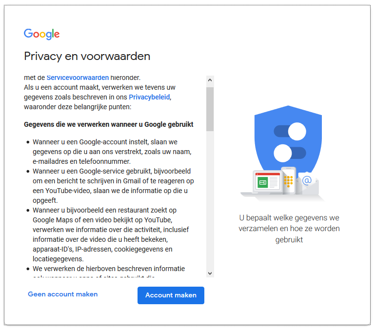 Tenslotte krijg je nog eens scherm met Privacy en voorwaarden.